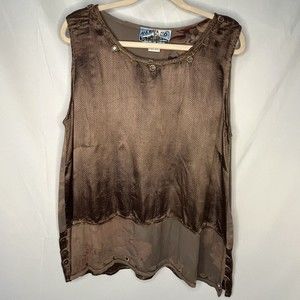 Tienda Ho OS Sleeveless Tunic Top Brown Floral Embroidered Buttons Lagenlook